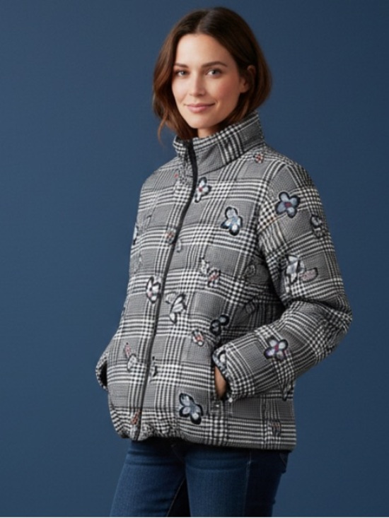 Vera Bradley Jackets & Blazers - Vera Bradley reversible puffer jacket black and white plaid adorned butterflies